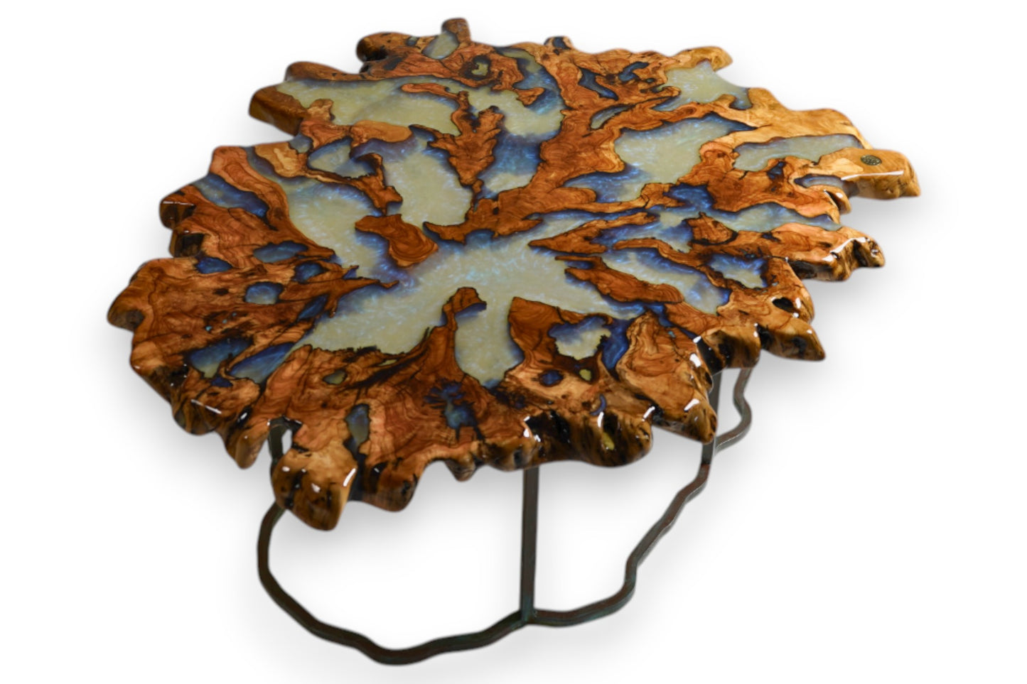 “Breath of the Sea” Coffee Table – 900-Year-Old Olive Root & Pearl-Blue Epoxy