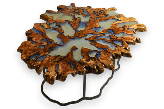 “Breath of the Sea” Coffee Table – 900-Year-Old Olive Root & Pearl-Blue Epoxy
