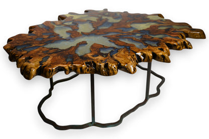 “Breath of the Sea” Coffee Table – 900-Year-Old Olive Root & Pearl-Blue Epoxy