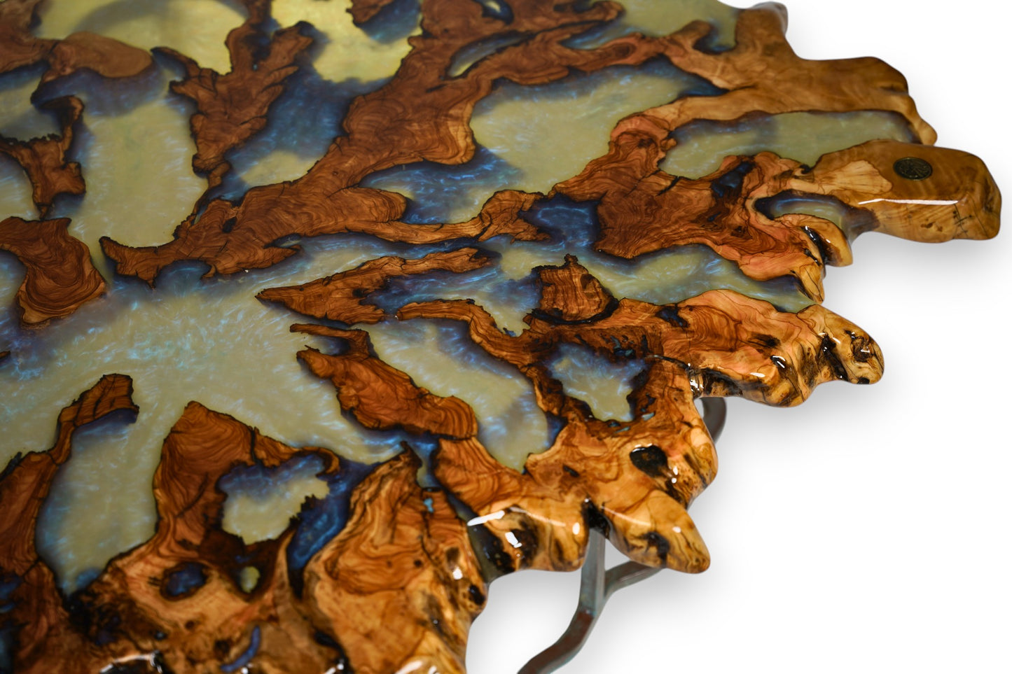 “Breath of the Sea” Coffee Table – 900-Year-Old Olive Root & Pearl-Blue Epoxy