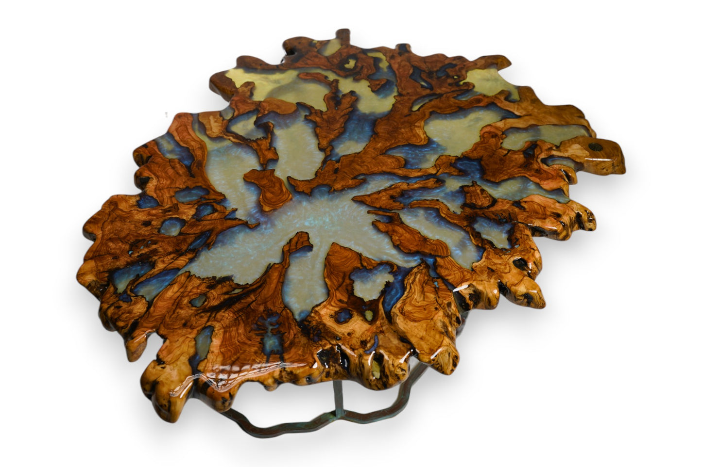 “Breath of the Sea” Coffee Table – 900-Year-Old Olive Root & Pearl-Blue Epoxy